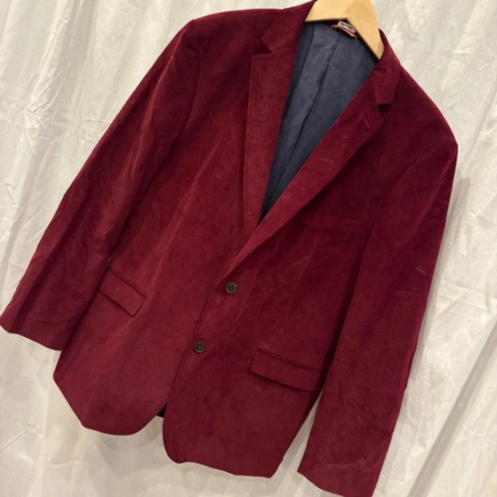 Crown & Ivy Mens Burgundy Corduroy Blazer Sport Coat 46R Red Cotton‎ Stretch